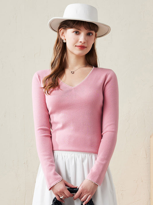 COMOBOCA Pink 100% Wool Women's V-Neck With Pearl Accents Sweater