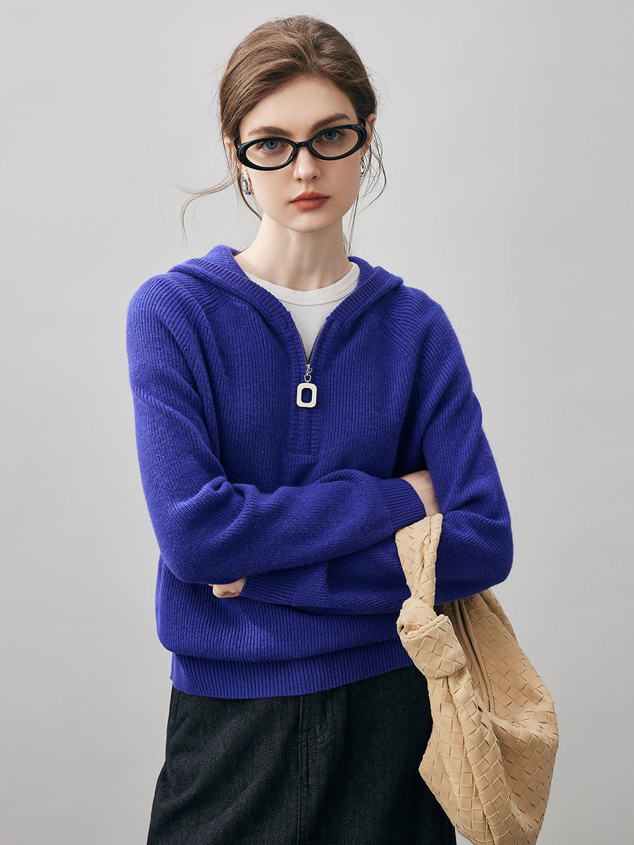 COMOBOCA 100% Cashmere Women's Ribbed Half Zip Knit Hoodie