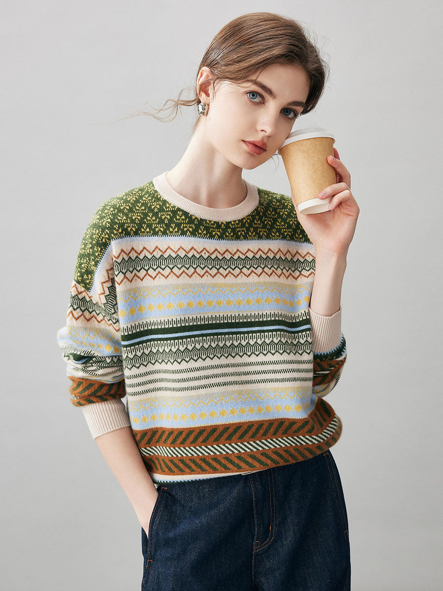 COMOBOCA 100% Cashmere Women's Fair Isle Round Neck Sweater