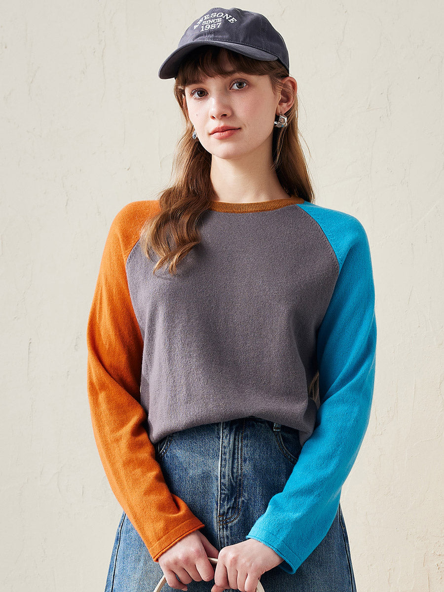 COMOBOCA Turquoise 100% Wool Women's Color Block Knit Sweater