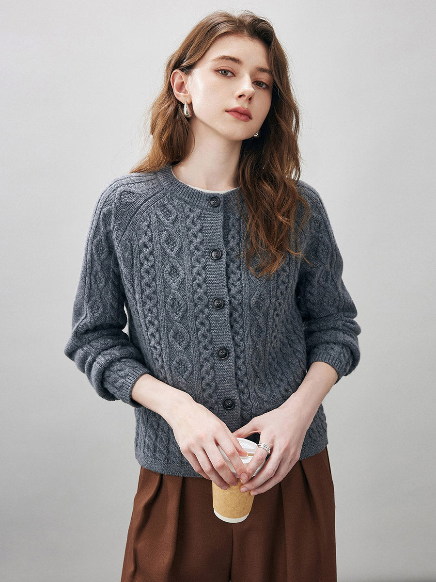COMOBOCA Charcoal 100% Wool Women's Cable Knit Button Cardigan