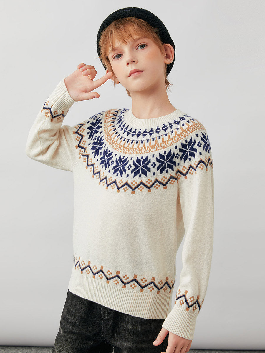 COMOBOCA 100% Wool Kids' Fair Isle Snowflake Round Neck Sweater