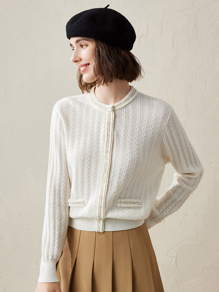 COMOBOCA White 100% Cashmere Women's Pocket Faux Cardigan Sweater