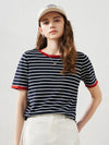 COMOBOCA Black Women's Striped Ribbed Contrast Trim T-Shirt