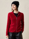 COMOBOCA Red 100% Cashmere Women's Cardigan Cable Knit Hoodie