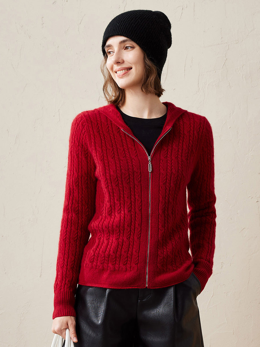 COMOBOCA Red 100% Cashmere Women's Cardigan Cable Knit Hoodie