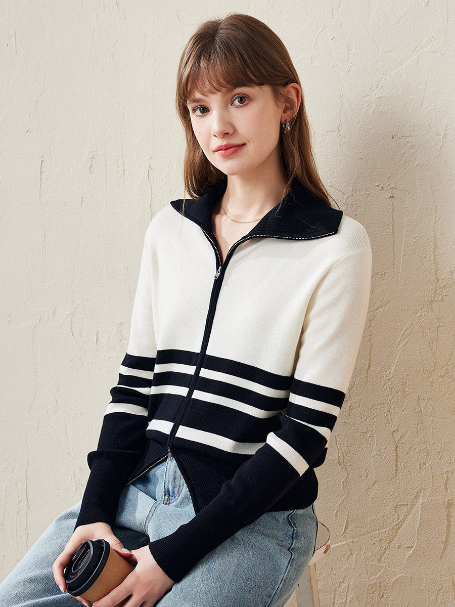 COMOBOCA Striped 100% Wool Women's Striped Zip-Up Cardigan