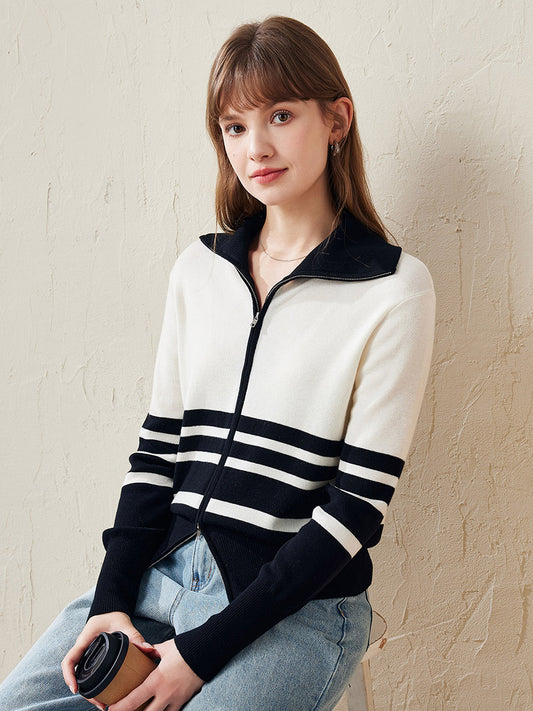 COMOBOCA Striped 100% Wool Women's Striped Zip-Up Cardigan