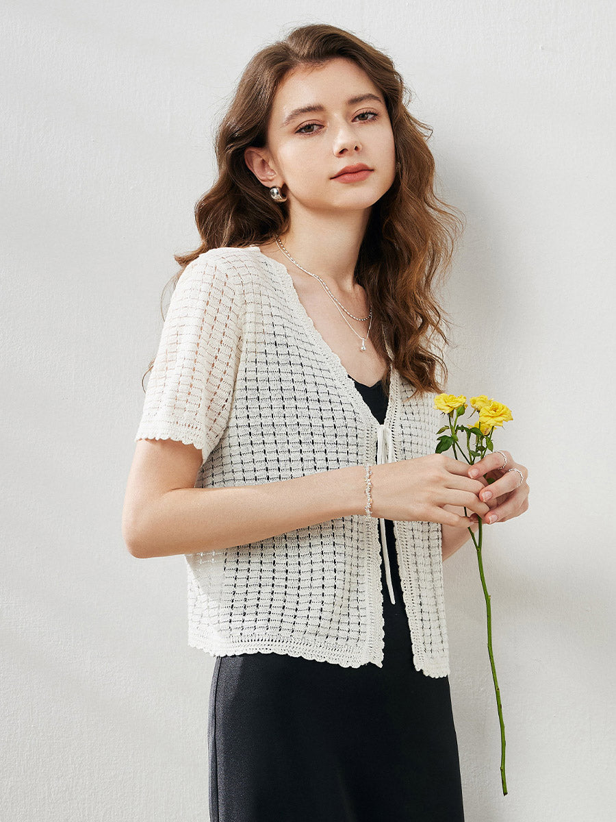 COMOBOCA Women's Linen Crochet Tie Short Sleeve Cardigan
