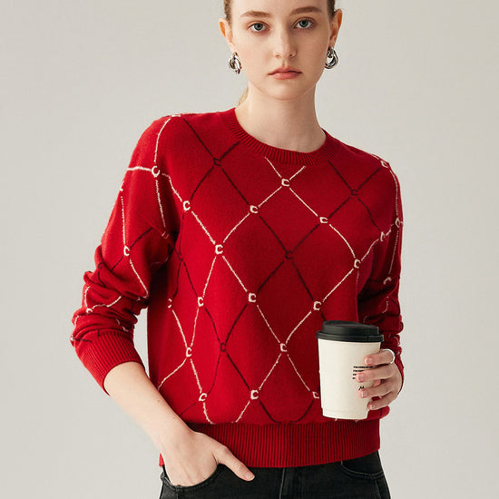 COMOBOCA 100% Cashmere Women's Diamond Patterned Round Neck Sweater
