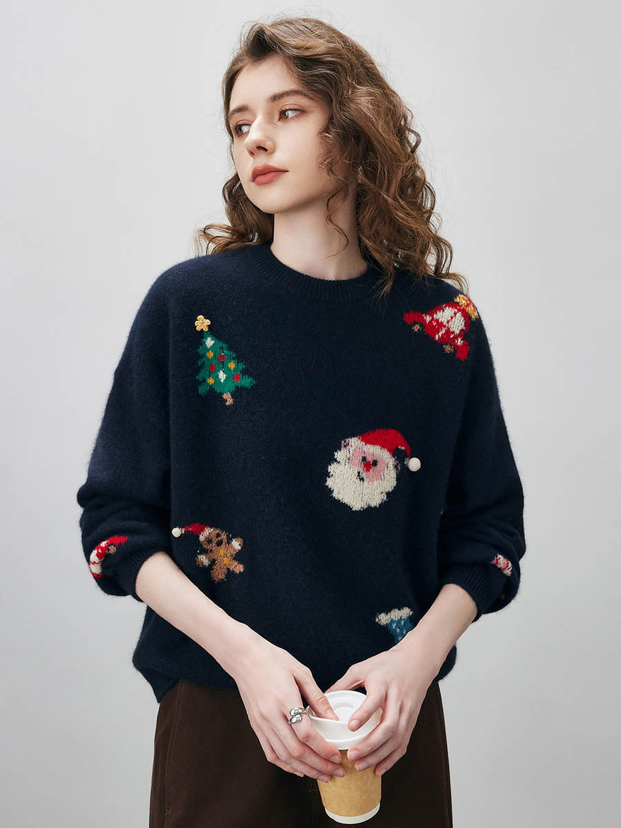 COMOBOCA Women's Wool Christmas Themed Round Neck Sweater