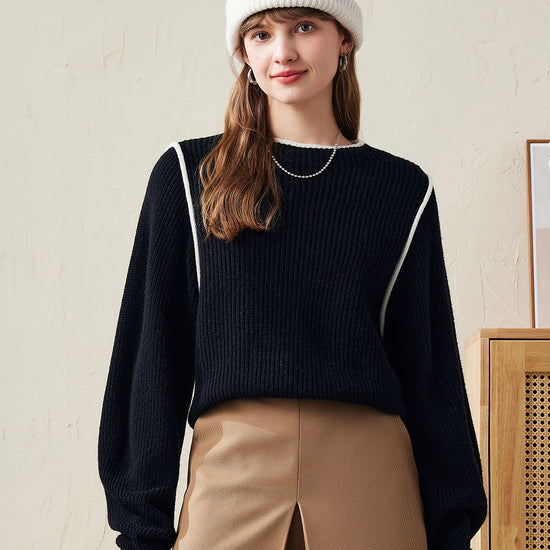 COMOBOCA Black 100% Wool Women's Color Block Ribbed Knit Sweater