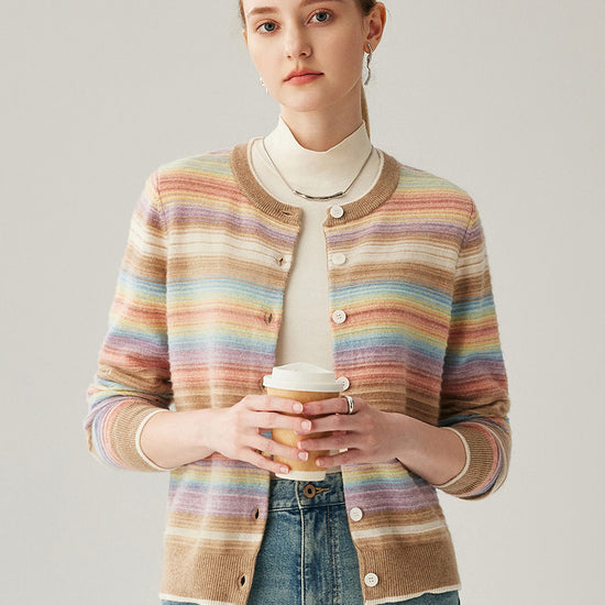 COMOBOCA 100% Cashmere Women's Striped Button Down Cardigan