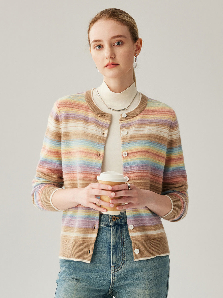 COMOBOCA 100% Cashmere Women's Striped Button Down Cardigan