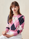 COMOBOCA Pink 100% Wool Women's Argyle Pattern Knit Sweater