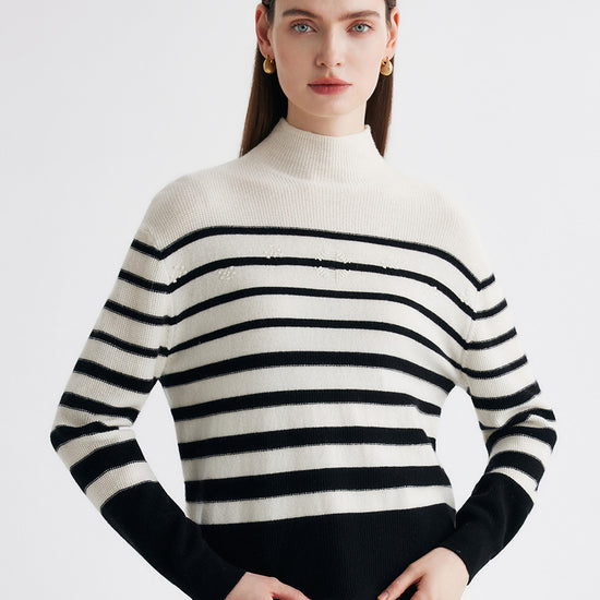 COMOBOCA 100% Cashmere Women's Striped Mock Neck Knit Sweater