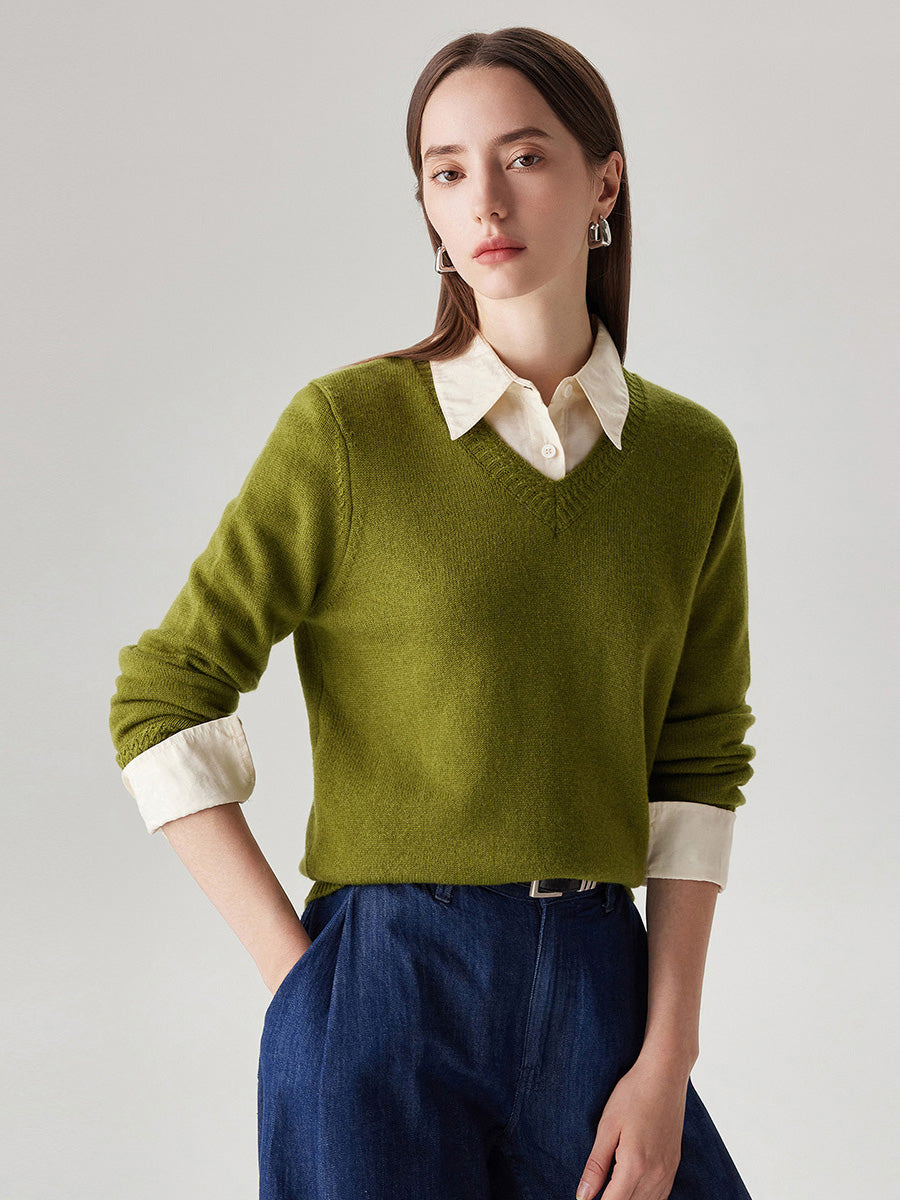 COMOBOCA 100% Wool Women's V-Neck Ribbed Knit Sweater