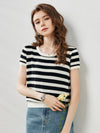 COMOBOCA Black Women's Striped Ribbed Knit T-Shirt