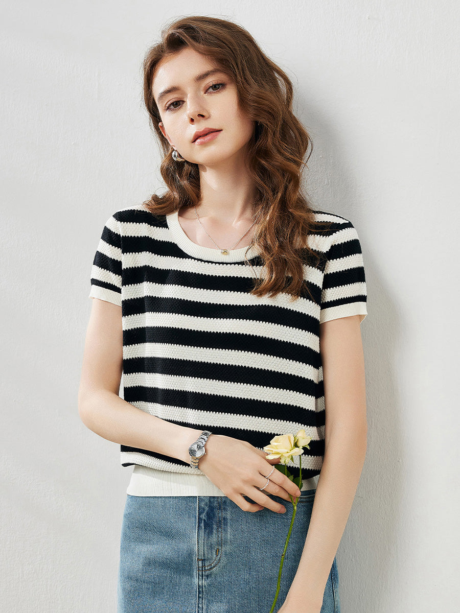 COMOBOCA Black Women's Striped Ribbed Knit T-Shirt