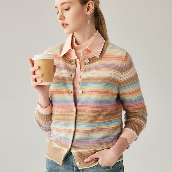 COMOBOCA 100% Cashmere Women's Striped Button Down Cardigan