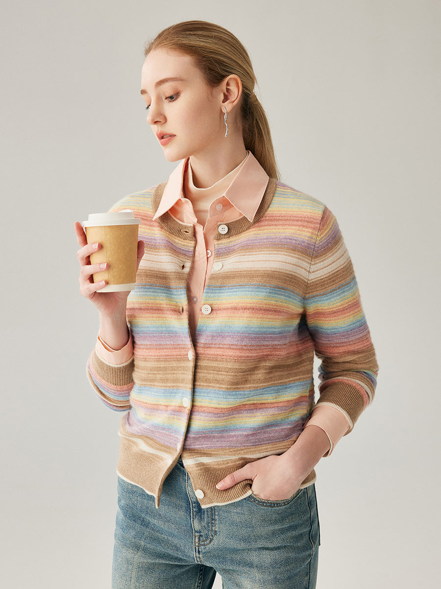 COMOBOCA 100% Cashmere Women's Striped Button Down Cardigan