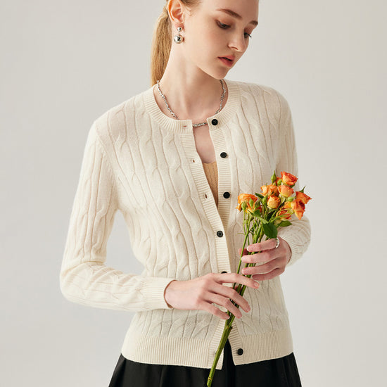 COMOBOCA Beige 100% Cashmere Women's Cable Knit Button Front Cardigan