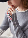 COMOBOCA 100% Cashmere Women's Striped Sleeve Round Neck Sweater