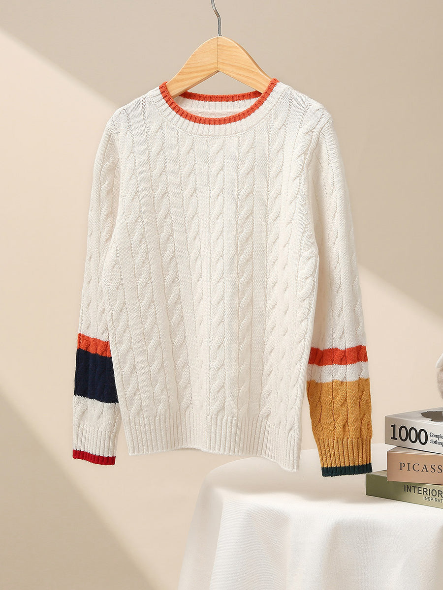COMOBOCA 100% Wool Kids' Cable Knit Sweater with Color Block Detail