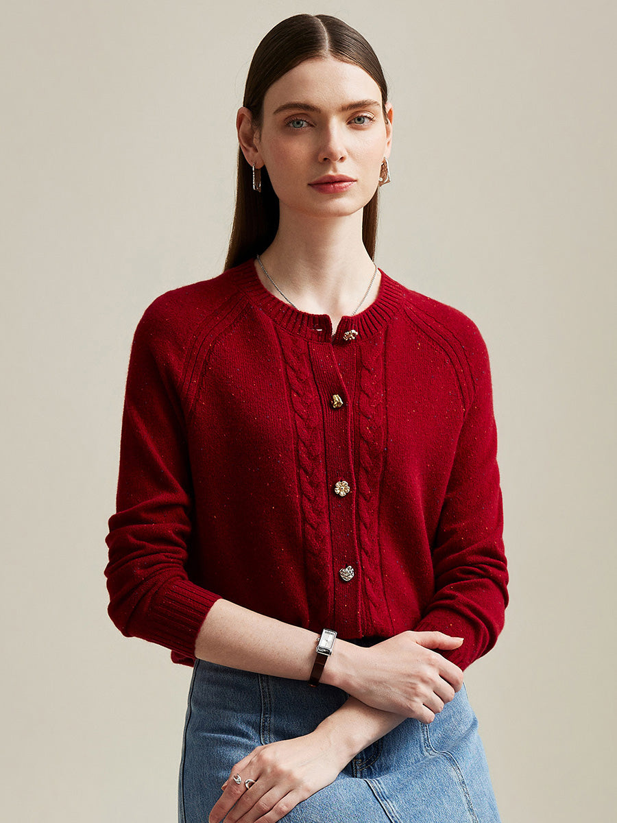 COMOBOCA Red 100% Cashmere Women's Cable Button Knit Cardigan