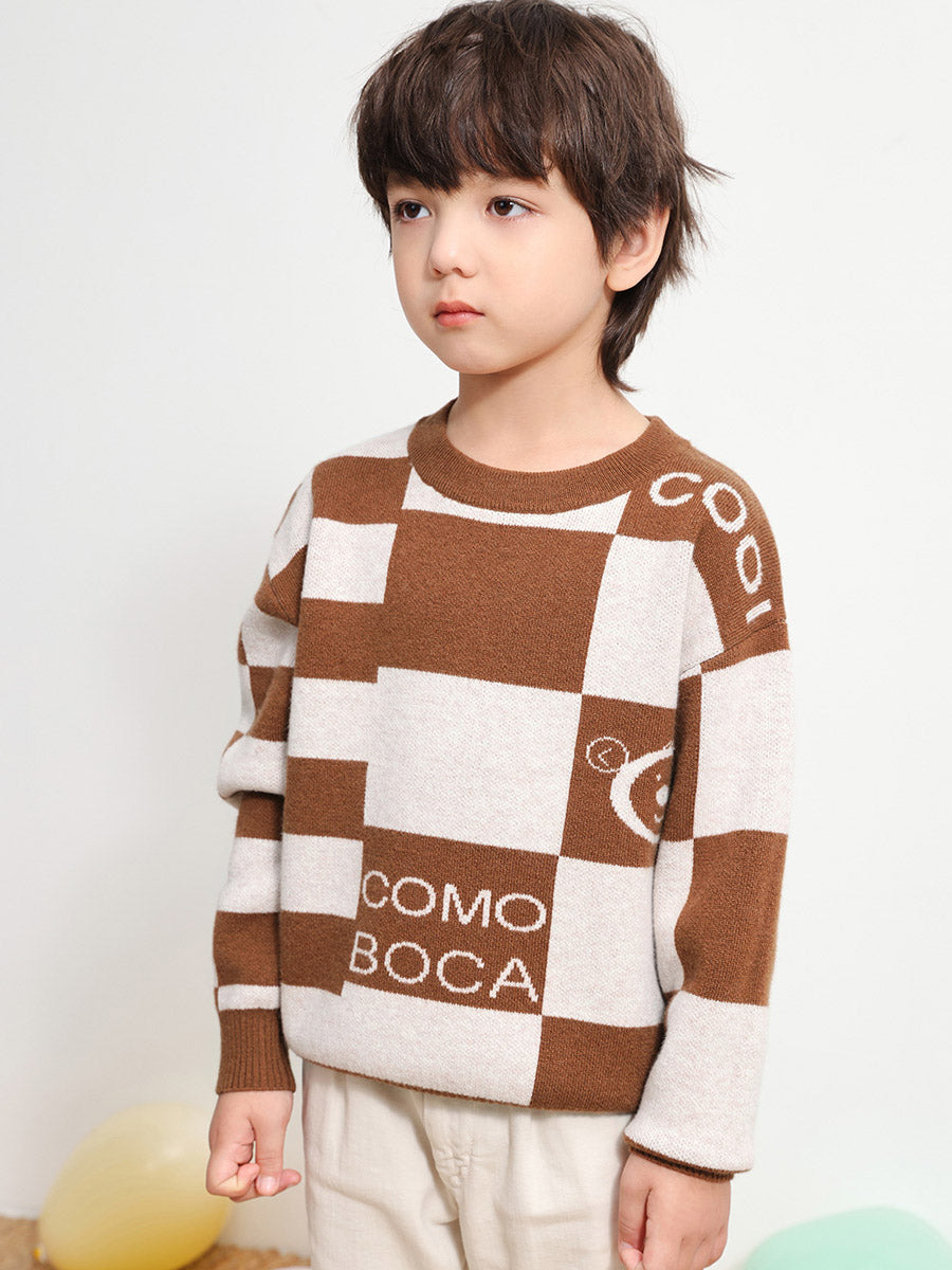 COMOBOCA 100% Wool Kids' Color Block Round Neck Sweater