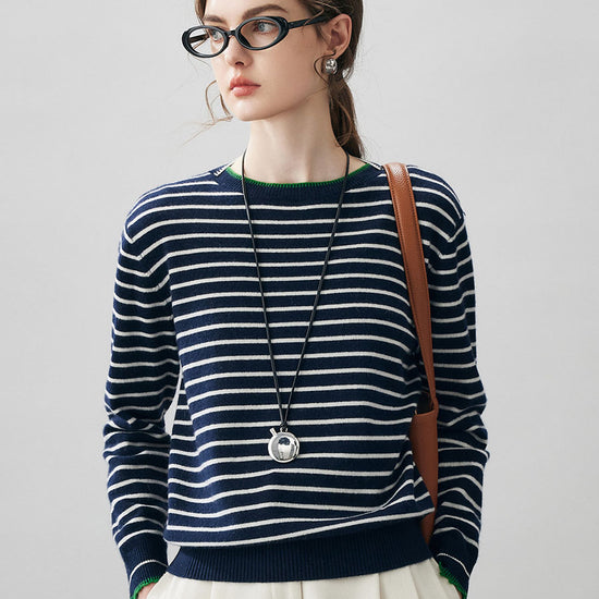 COMOBOCA 100% Cashmere Women's Striped Round Neck Sweater