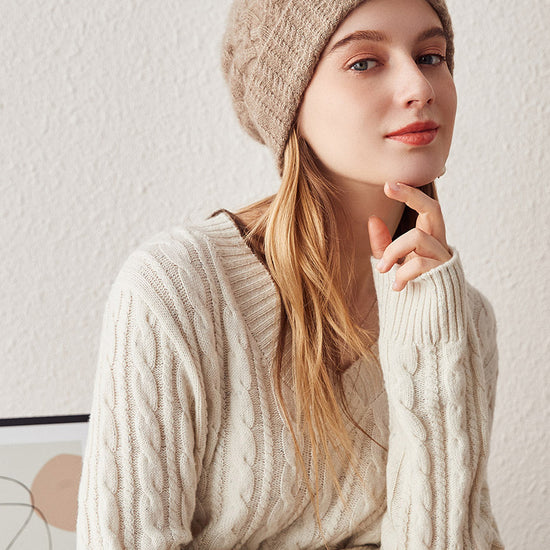 COMOBOCA Beige 100% Cashmere Stylish Cable Knit Beanie