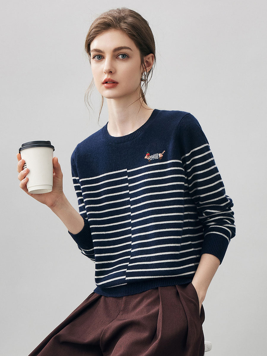 COMOBOCA 100% Cashmere Women's Striped Round Neck Sweater