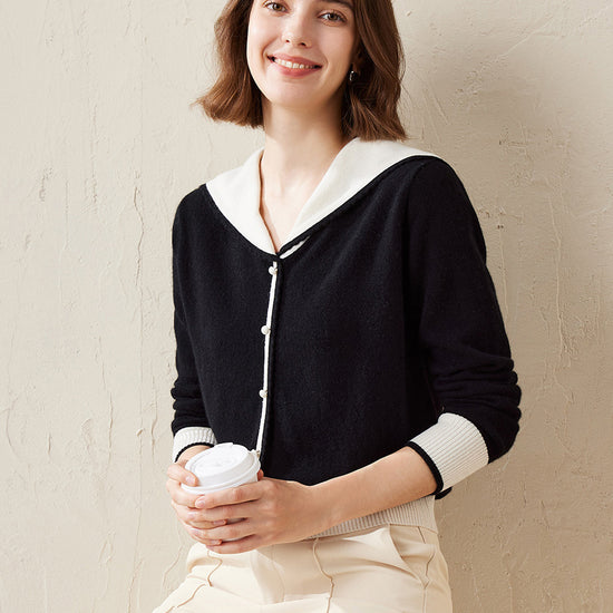 COMOBOCA 100% Cashmere Women's Sailor Collar Faux Cardigan