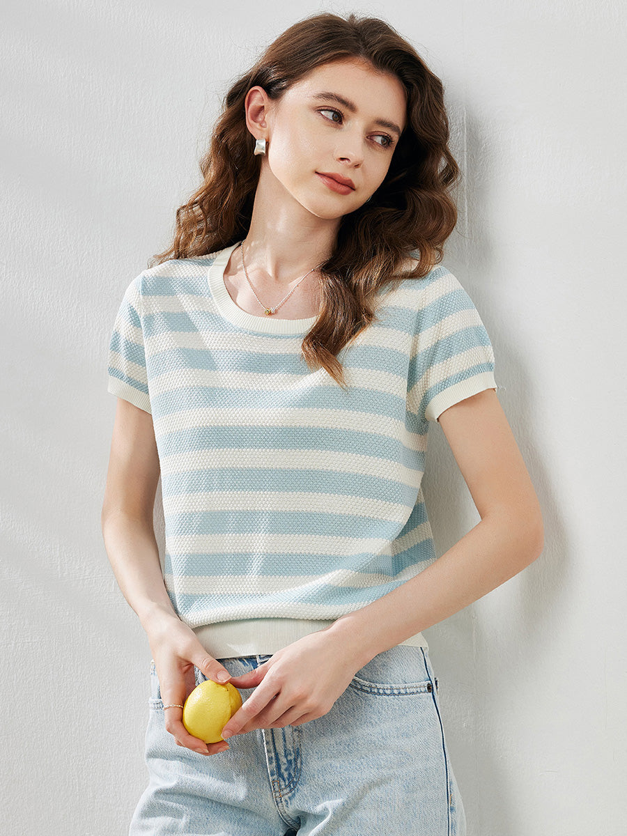 COMOBOCA Women's Striped Ribbed Knit T-Shirt