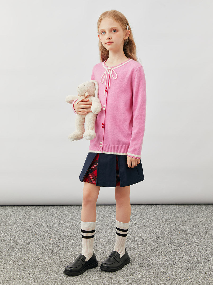 COMOBOCA 100% Wool Kids' Tie-Neck Contrast Trim Sweater