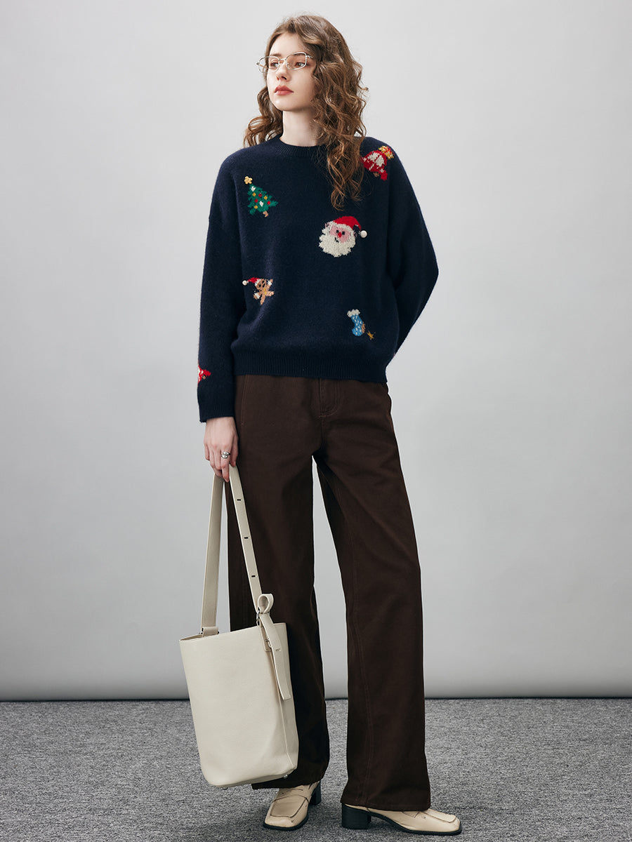 COMOBOCA Women's Wool Christmas Themed Round Neck Sweater