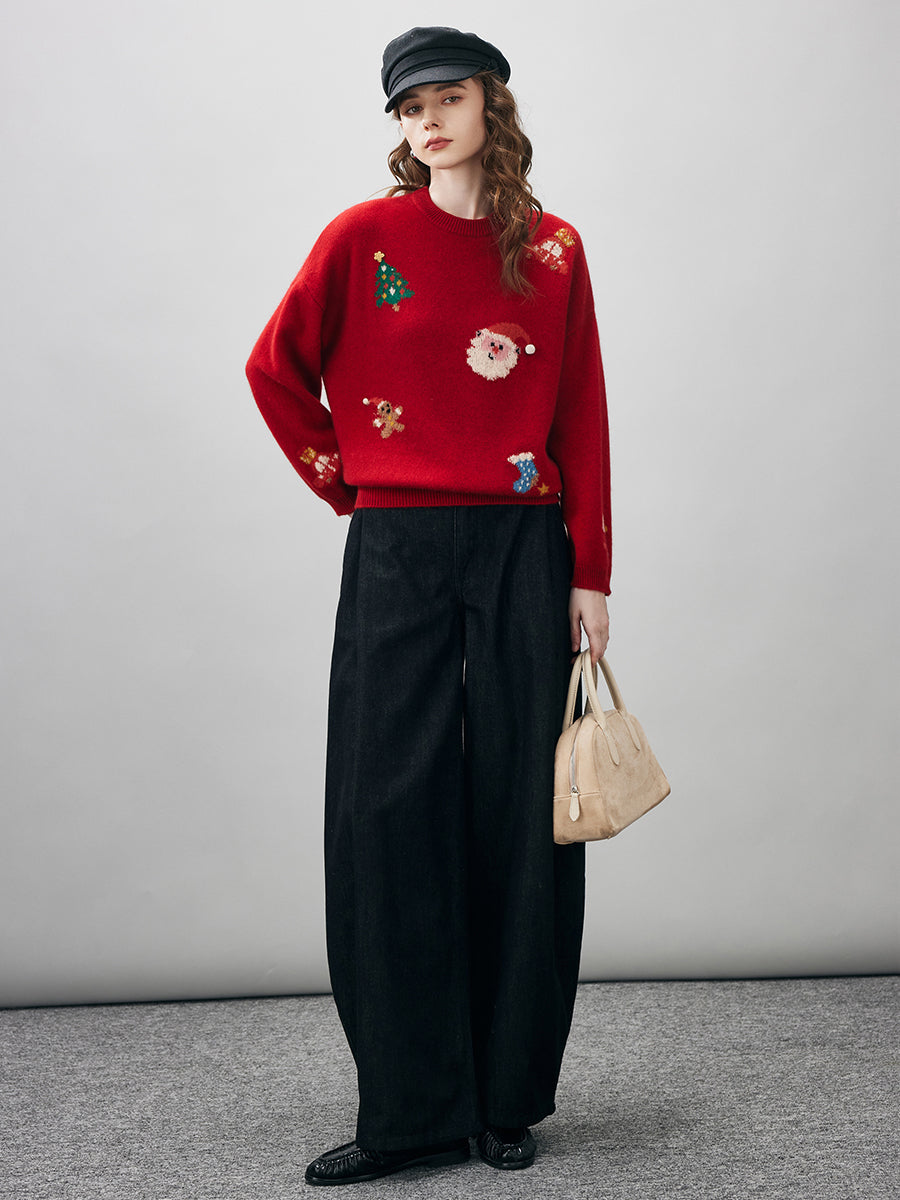 COMOBOCA Women's Wool Christmas Themed Round Neck Sweater