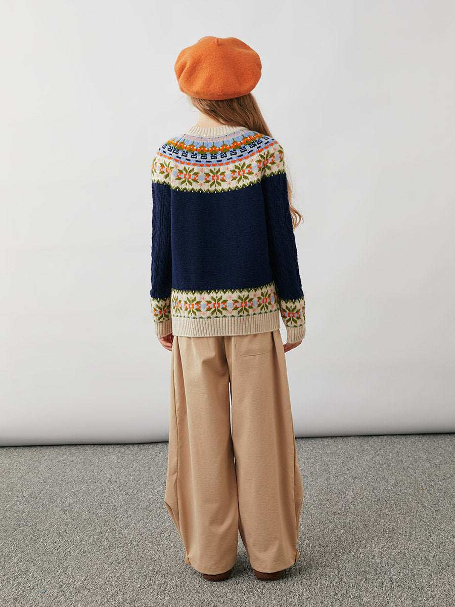 COMOBOCA 100% Wool Kids' Cable Fair Isle Round Neck Sweater