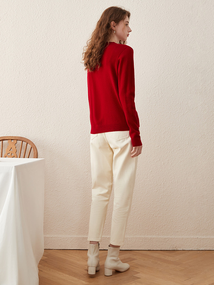 COMOBOCA 100% Wool Women's Round Neck Knit Cardigan