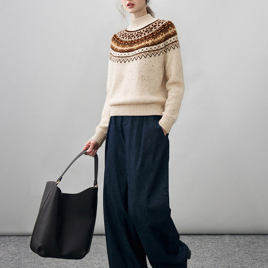 COMOBOCA 100% Cashmere Women's Fair Isle Mock Neck Sweater