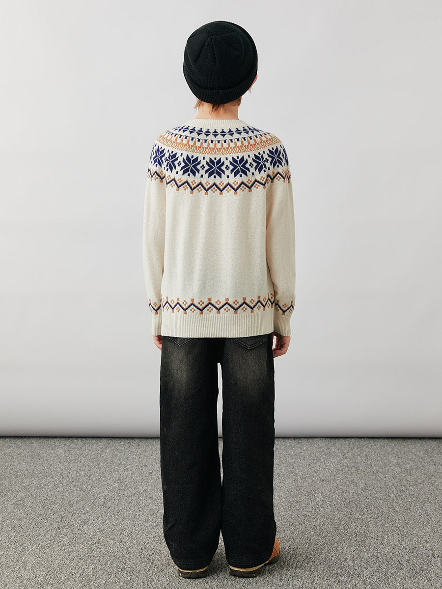 COMOBOCA 100% Wool Kids' Fair Isle Snowflake Round Neck Sweater