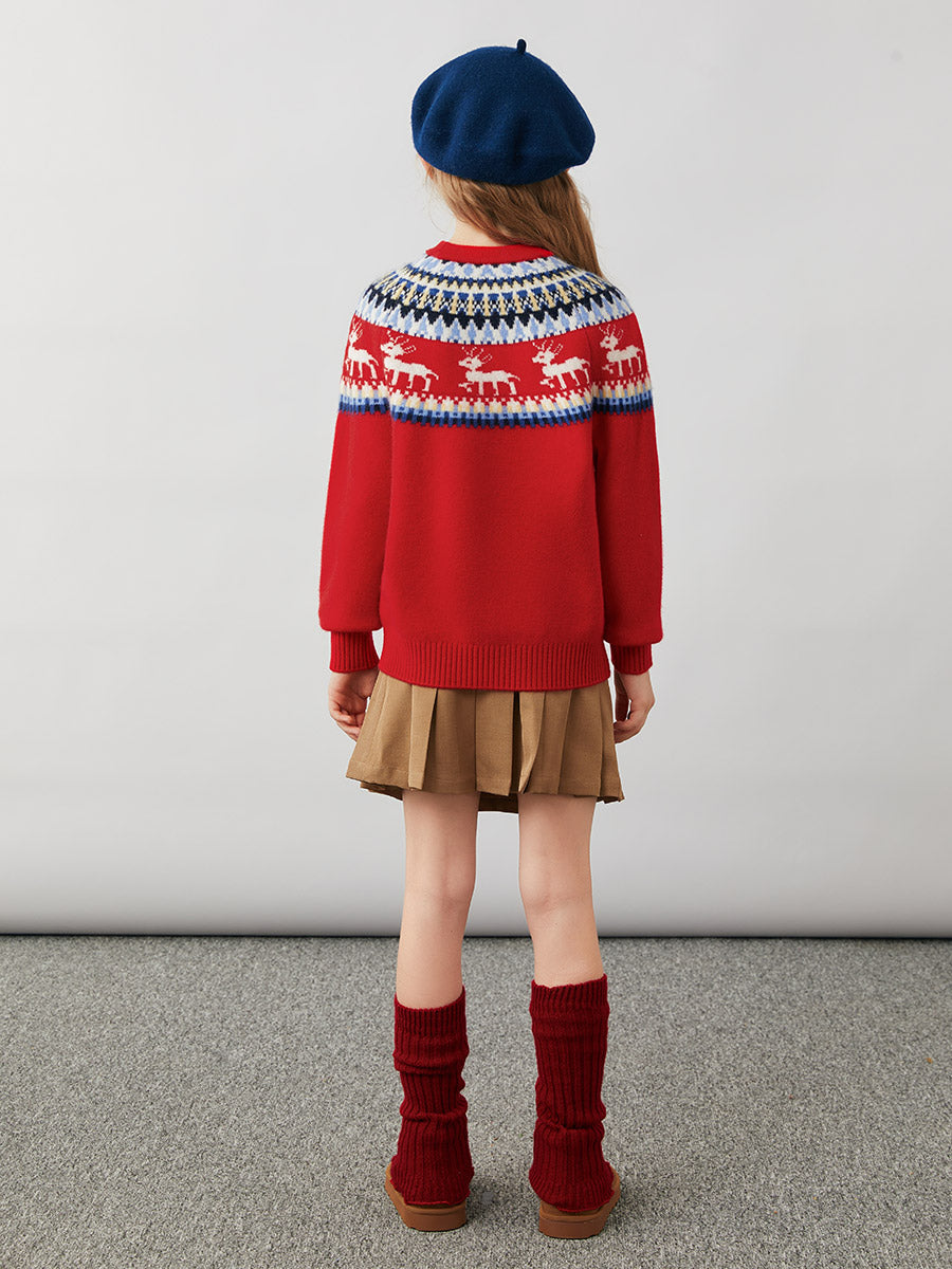 COMOBOCA 100% Wool Kids' Fair Isle Reindeer Round Neck Sweater