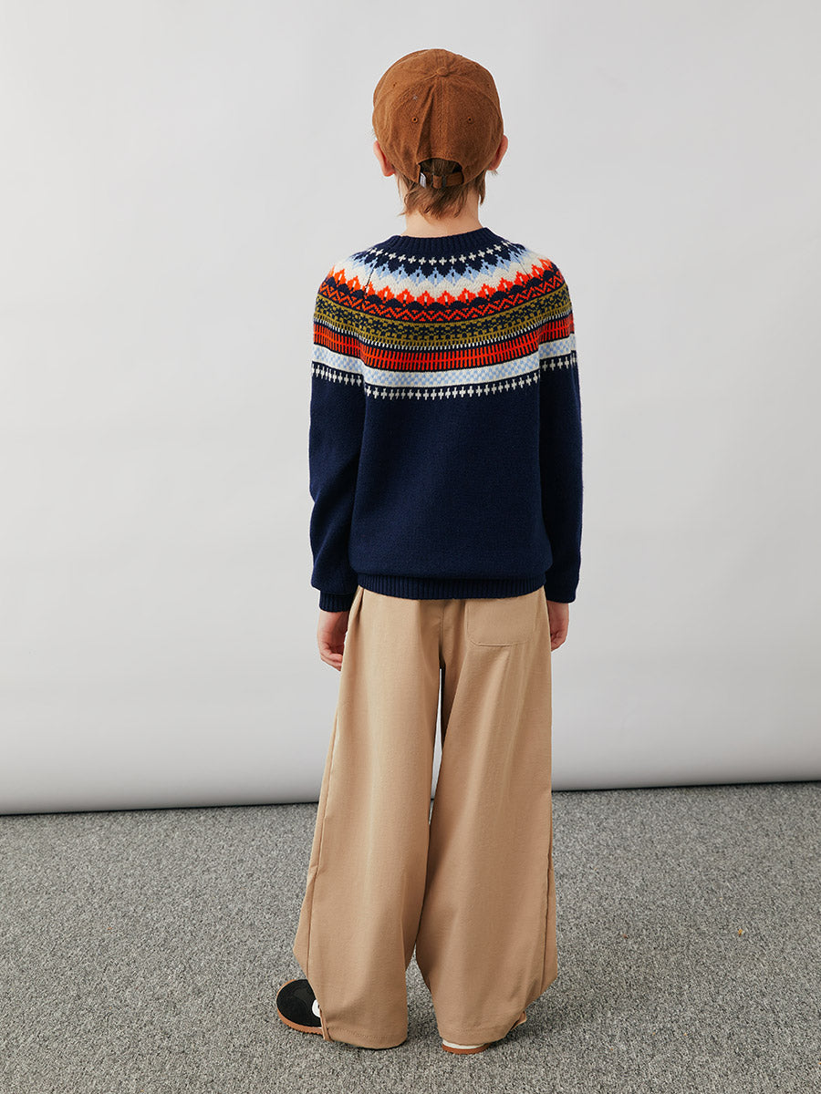 COMOBOCA 100% Wool Kids' Fair Isle Round Neck Sweater