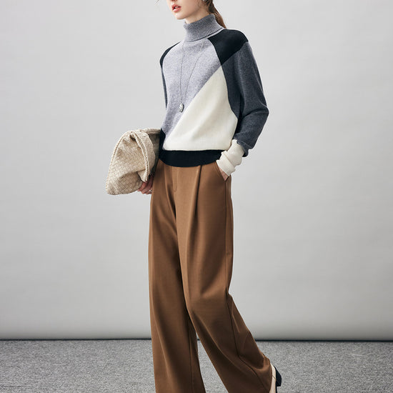 COMOBOCA 100% Cashmere Women's Color Block Turtleneck Sweater