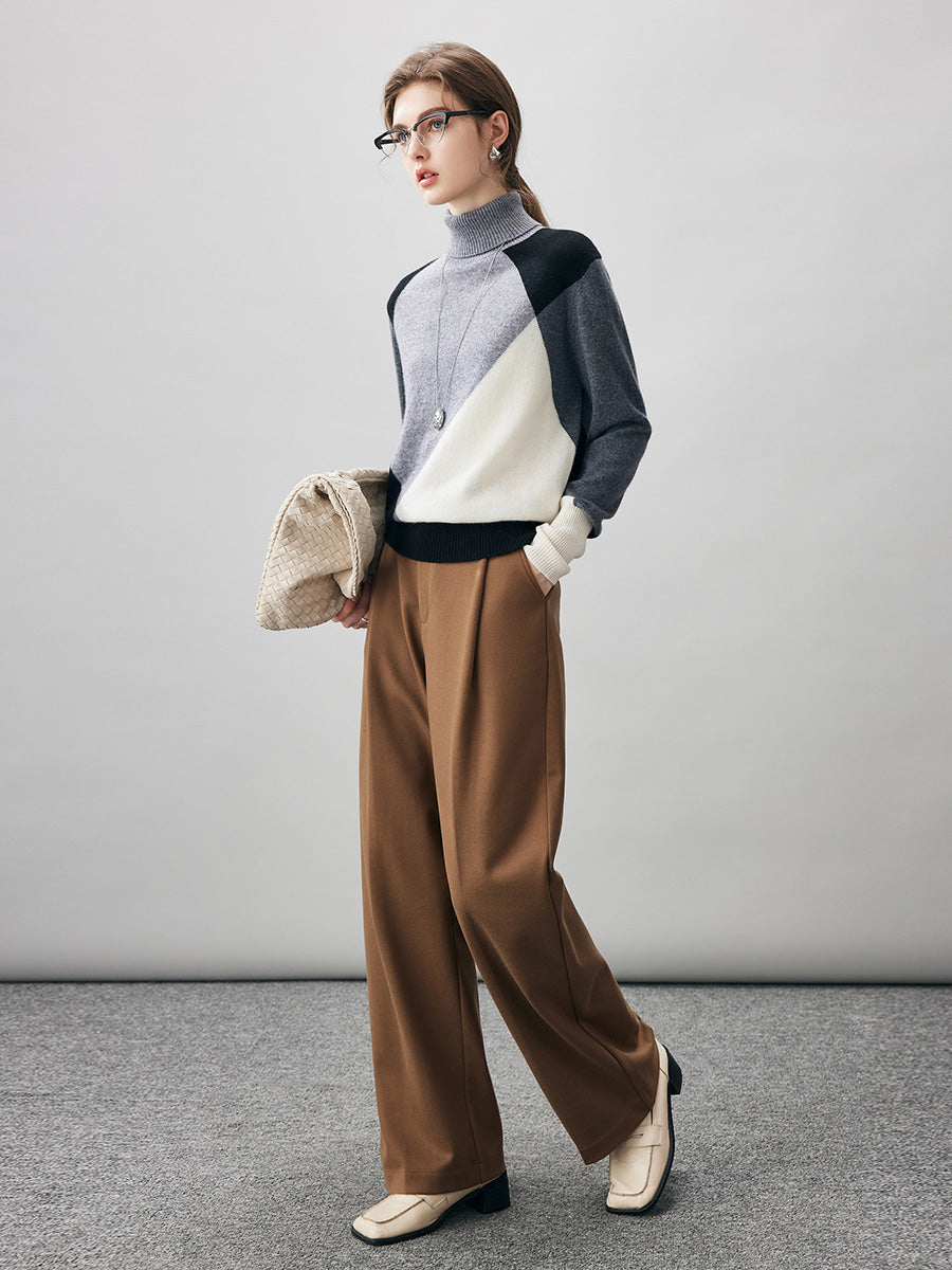 COMOBOCA 100% Cashmere Women's Color Block Turtleneck Sweater