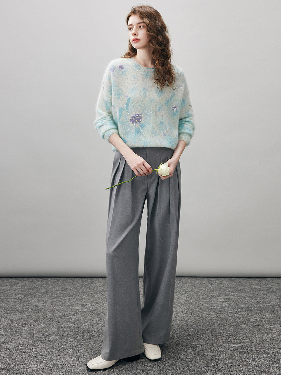 COMOBOCA Women's Floral Printed Round Neck Sweater