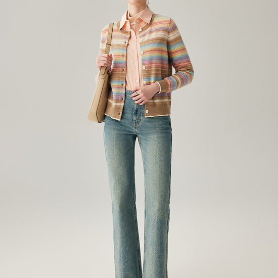 COMOBOCA 100% Cashmere Women's Striped Button Down Cardigan
