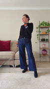 100% Cashmere Women's Striped Sleeve Round Neck Sweater