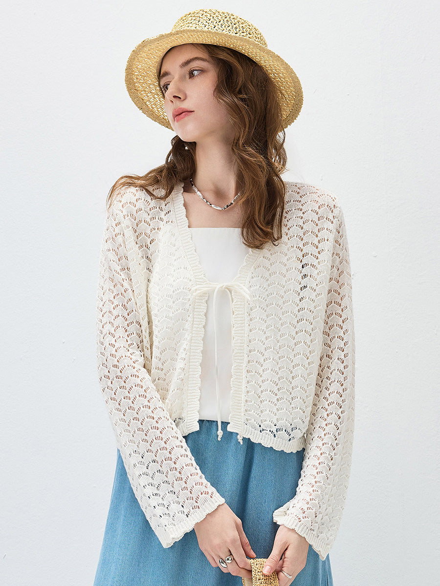 COMOBOCA Women's Linen Lace Knit Tie Front Cardigan
